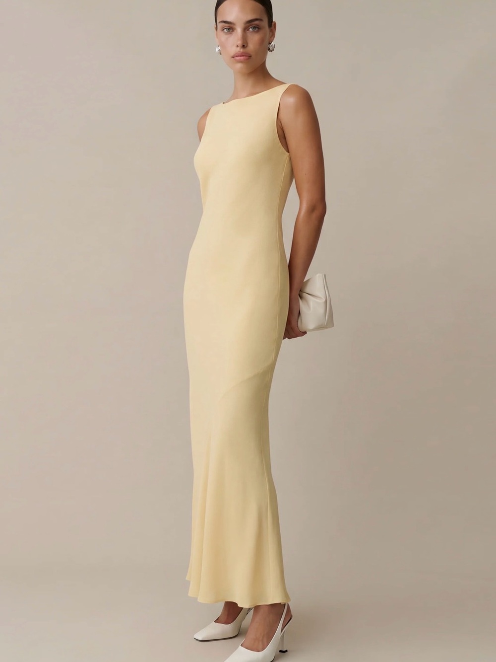 O.P.T. FEW MODA Sleek Pale Yellow Maxi Dress with Boat Neck